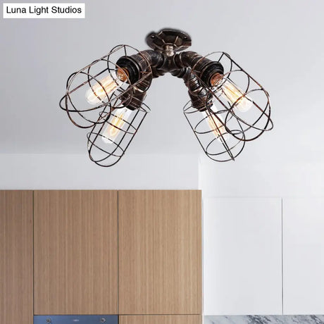 Rustic Industrial Caged Bedroom Ceiling Fixture - Semi-Flush Mount With Pipe Design Bronze/Aged