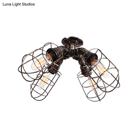 Rustic Industrial Caged Bedroom Ceiling Fixture - Semi-Flush Mount With Pipe Design Bronze/Aged