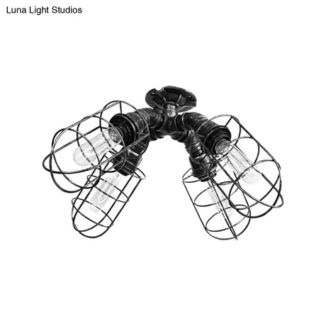 Rustic Industrial Caged Bedroom Ceiling Fixture - Semi-Flush Mount With Pipe Design Bronze/Aged
