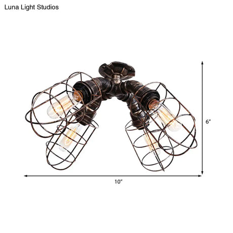 Rustic Industrial Caged Bedroom Ceiling Fixture - Semi-Flush Mount With Pipe Design Bronze/Aged