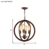 Rustic Industrial Circle Frame Chandelier Light Fixture W/ 4 Heads Black/Rust Iron Gear Design