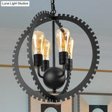 Rustic Industrial Circle Frame Chandelier Light Fixture W/ 4 Heads Black/Rust Iron Gear Design