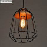 Rustic Iron Cage/Barn/Pot Shaped Pendant Light With Wood Socket - Black 1-Bulb Perfect For