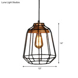 Rustic Iron Cage/Barn/Pot Shaped Pendant Light With Wood Socket - Black 1-Bulb Perfect For