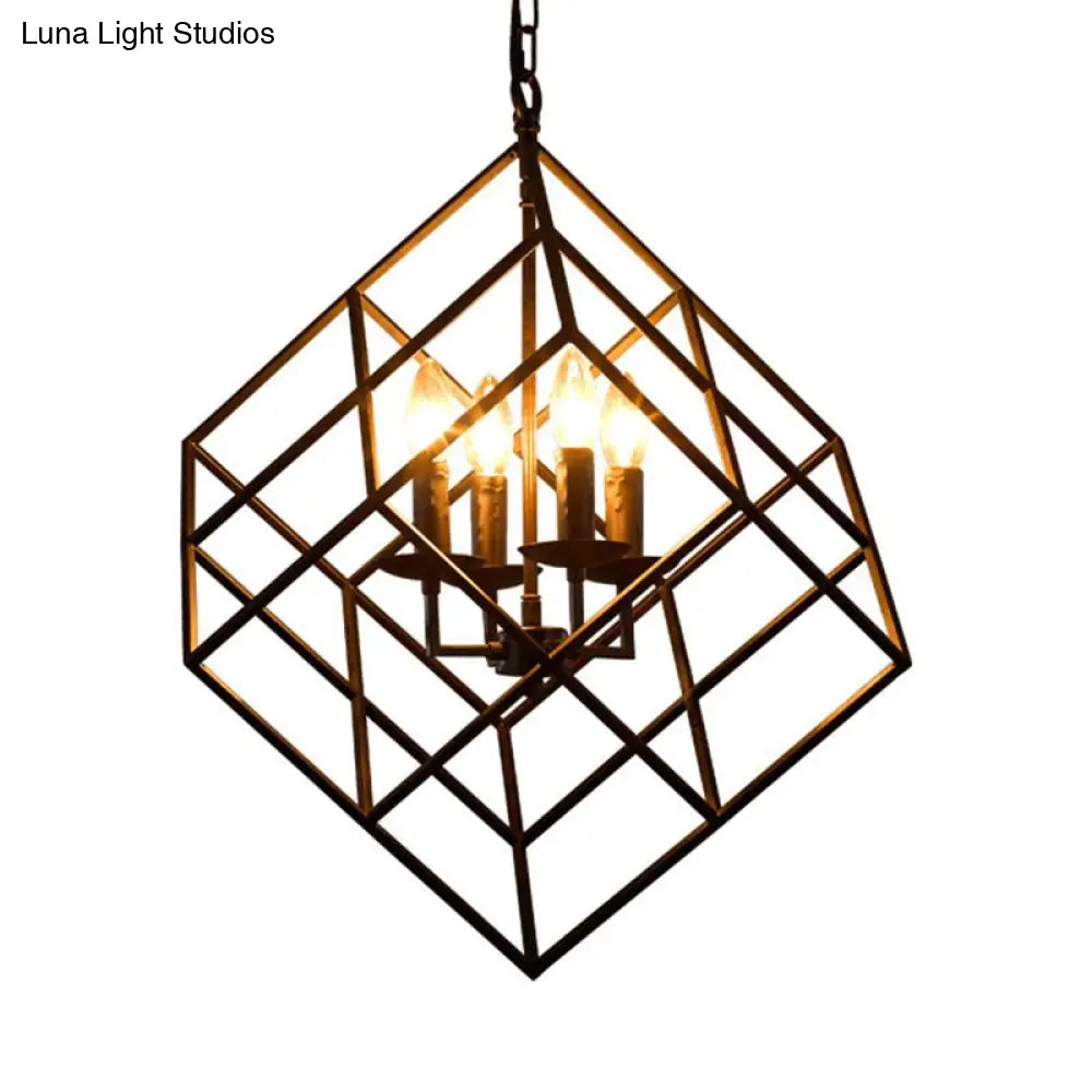 Rustic Iron Chandelier Pendant With 4 Lights - Vintage Loft Hanging Lamp For Restaurants Cubic Cage