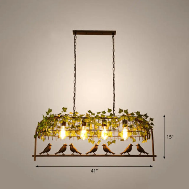 Rustic Island Ceiling Light With Cast Iron Birdcage Fixture Bird & Leaf Deco Black
