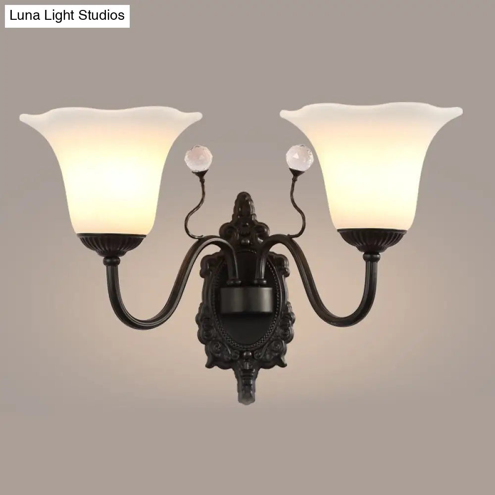 Rustic Ivory Glass Flower Wall Lamp With Crystal Accent For Hall
