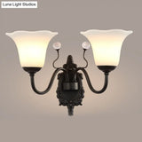 Rustic Ivory Glass Flower Wall Lamp With Crystal Accent For Hall