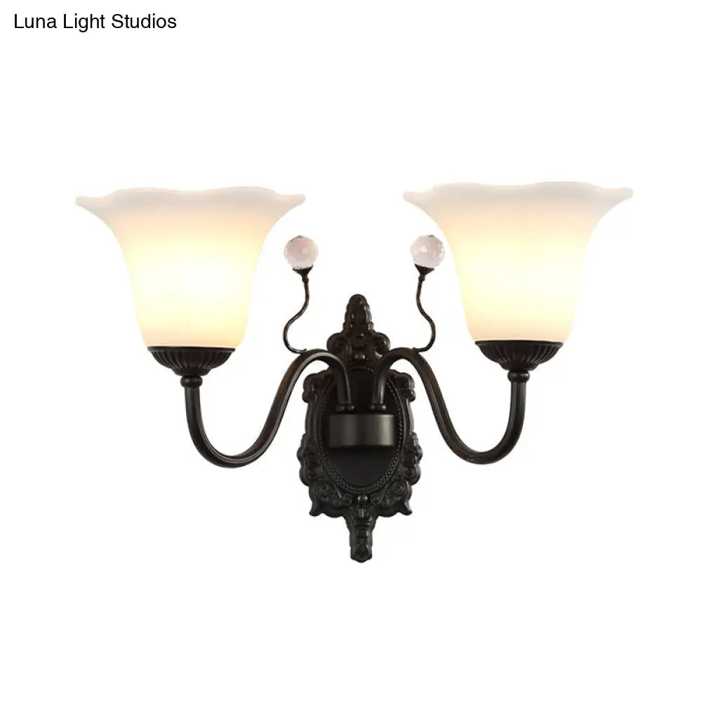 Rustic Ivory Glass Flower Wall Lamp With Crystal Accent For Hall