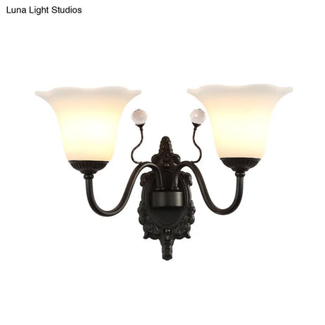 Rustic Ivory Glass Flower Wall Lamp With Crystal Accent For Hall