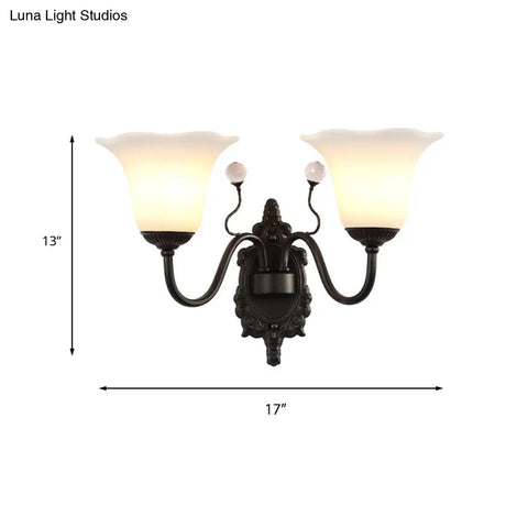 Rustic Ivory Glass Flower Wall Lamp With Crystal Accent For Hall