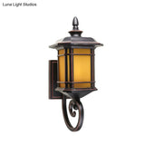 Rustic Lantern Wall Light Sconce With Yellow Glass Scrolled Arm - Coffee Finish