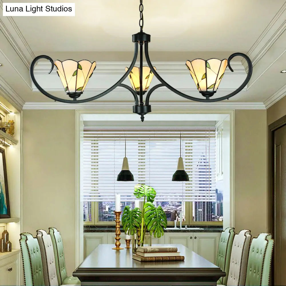Rustic Leaf Pendant Light With Cone Shade And Adjustable Chain - 3 Beige Glass Chandelier For Foyer