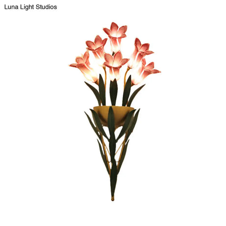 Rustic Lily Bouquet Wall Lamp Kit - 6/10 Heads White/Purple Glass Sconce Light Fixture For Dining