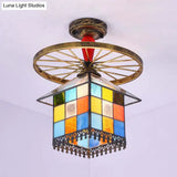 Rustic Lodge Stained Glass House Semi Flush Light With Antique Bronze/Clear/Blue Accents