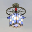 Rustic Lodge Stained Glass House Semi Flush Light With Antique Bronze/Clear/Blue Accents Blue