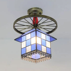 Rustic Lodge Stained Glass House Semi Flush Light With Antique Bronze/Clear/Blue Accents Blue