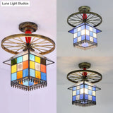 Rustic Lodge Stained Glass House Semi Flush Light With Antique Bronze/Clear/Blue Accents