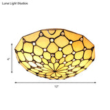 Rustic Loft Stained Glass Bowl Flush Light 2 Bulbs Beige Ceiling For Bedroom