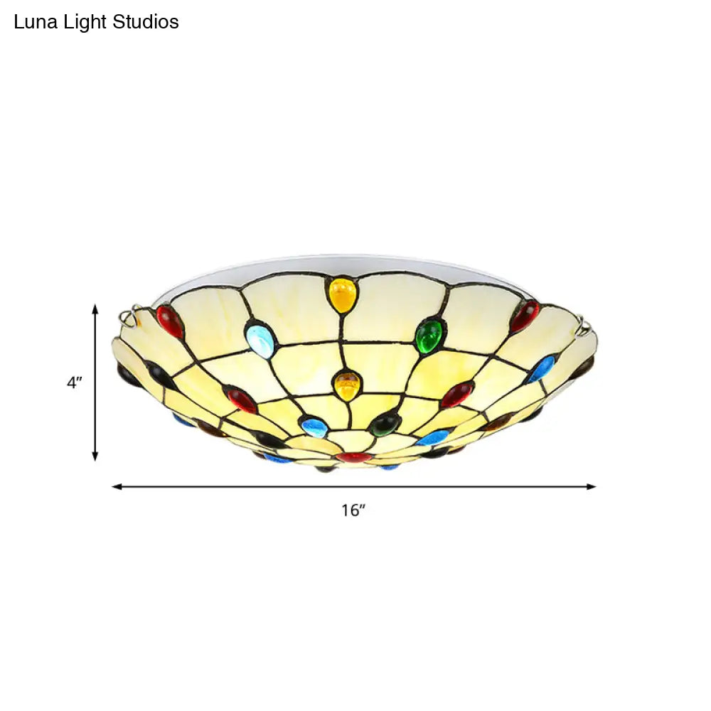 Rustic Loft Stained Glass Flush Mount Light In Beige/Yellow - 12’/16’/19.5’ Diameter Bedroom