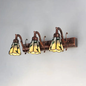 Rustic Loft Stained Glass Vanity Light With Linear Backplate And 3 Leaf-Shaped Heads In