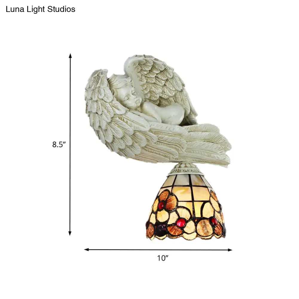 Rustic Loft Wall Sconce With Sleeping Angel - Shell Floral Design | 1 Head Lighting For Living Room