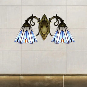 Rustic Magnolia Stained Glass Wall Mount With Two Lights For Living Room Blue