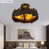 Rustic Maple Leaf Metal Semi Flush 3 - Light Ceiling Fixture In Bronze For Living Room