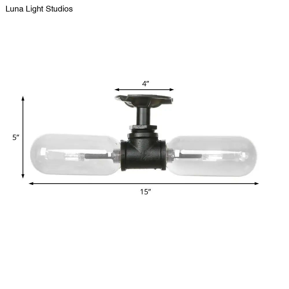 Rustic Matte Black Flush Light With Clear Glass Shade And 2-Lights For Living Room Ceiling