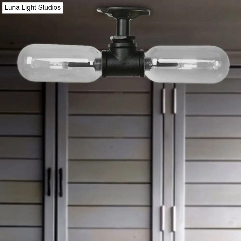 Rustic Matte Black Flush Light With Clear Glass Shade And 2-Lights For Living Room Ceiling