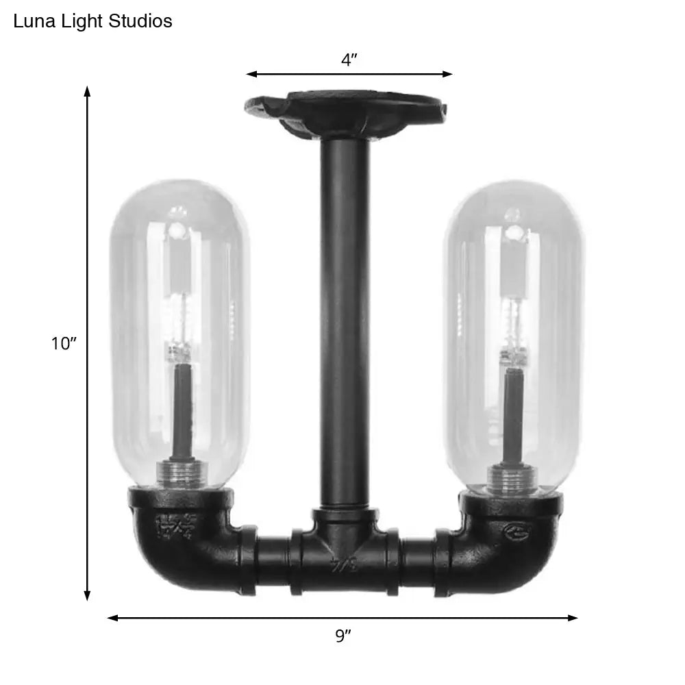 Rustic Matte Black Flush Light With Clear Glass Shade And 2-Lights For Living Room Ceiling
