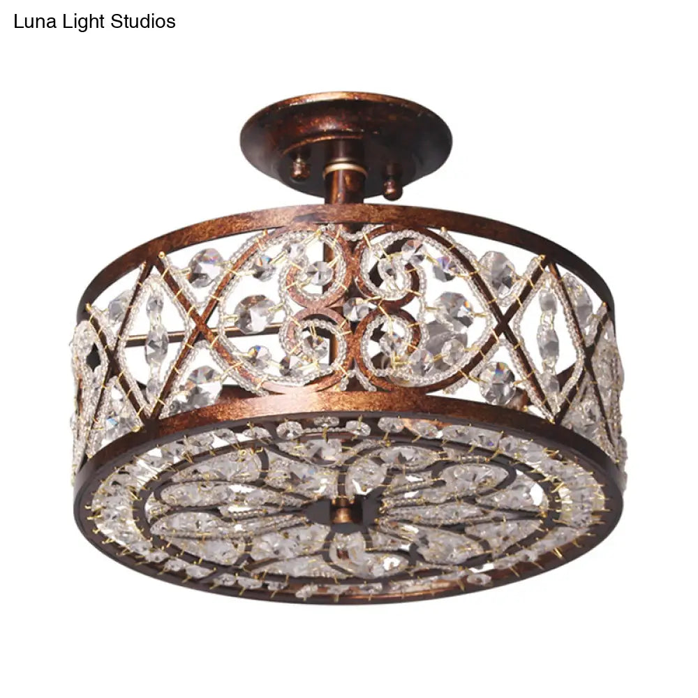 Rustic Metal And Crystal Drum Bedroom Ceiling Light Fixture - Semi Flush 3 Lights