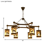 Rustic Metal And Fabric Chandelier Light With 3/6/9 Cylinder Lights Brown Pendant Lighting For