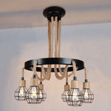Rustic Metal And Rope Chandelier: Globe Pendant Lighting For Dining Room (6/8 Light) In Black With