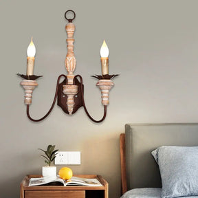 Rustic Metal And Wood Wall Mounted Sconce Light With 2 Lights For Corridor