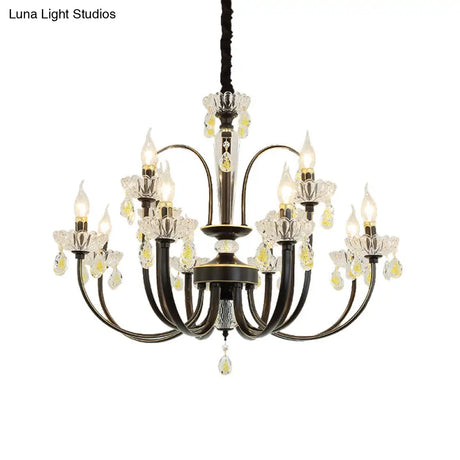 Rustic Metal Black Candle Chandelier: Elegant 12/15-Light Living Room Hanging Lamp With Crystal