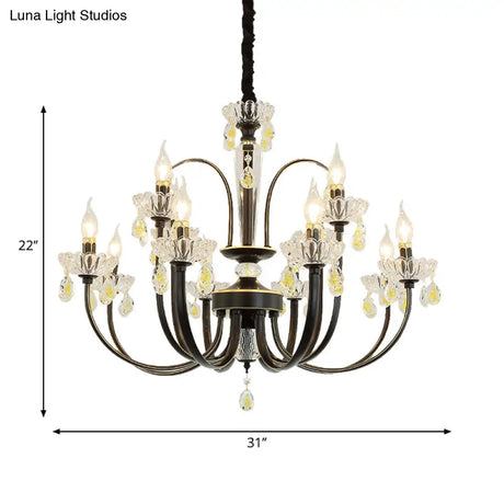 Rustic Metal Black Candle Chandelier: Elegant 12/15-Light Living Room Hanging Lamp With Crystal