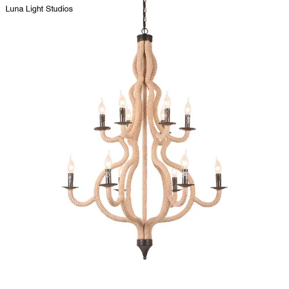 Rustic Metal Candle Chandelier 12 Bulbs Beige Suspension Fixture