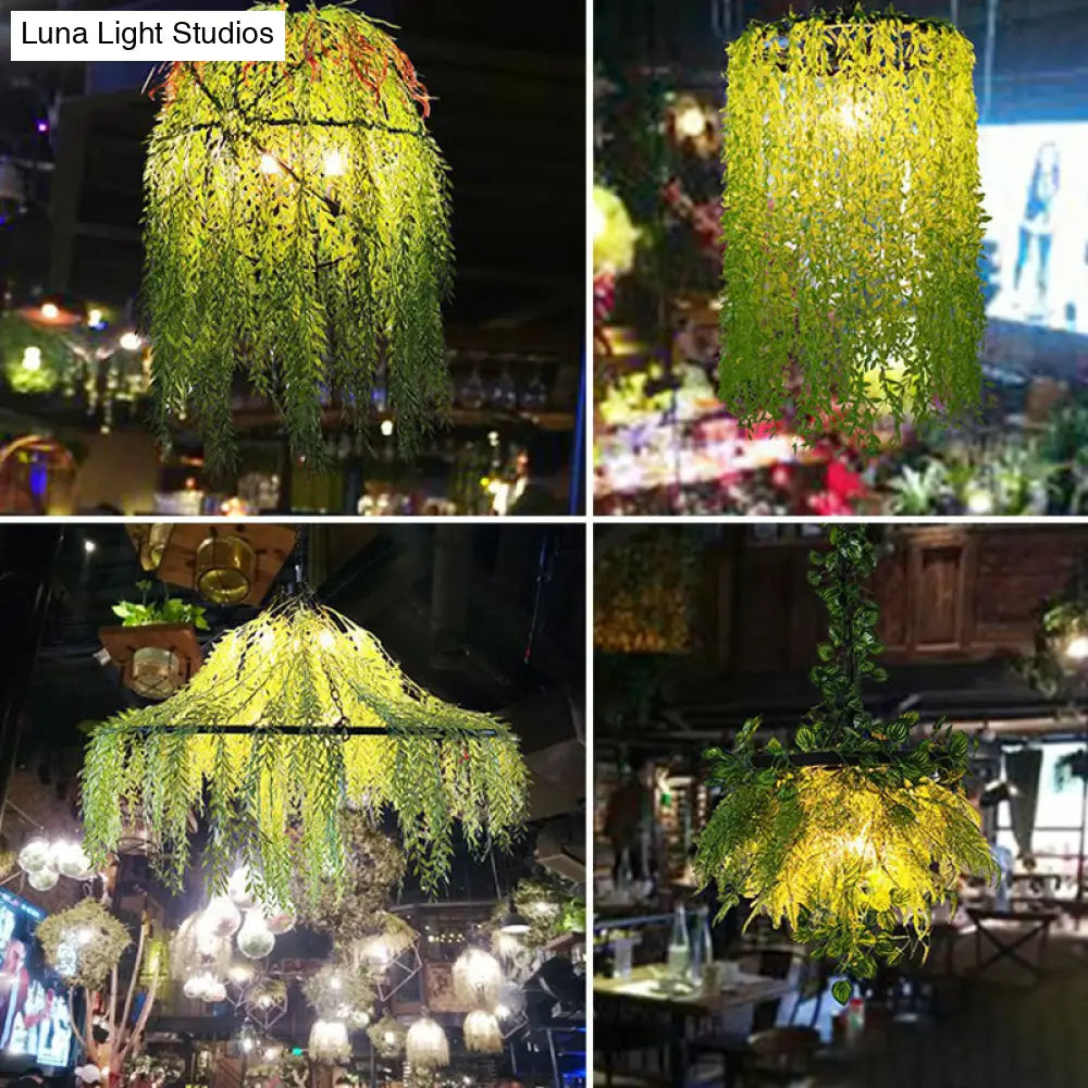 Rustic Metal Green Circle Pendant Chandelier With Artistic Plant Decor - Ideal For Restaurants