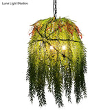 Rustic Metal Green Circle Pendant Chandelier With Artistic Plant Decor - Ideal For Restaurants