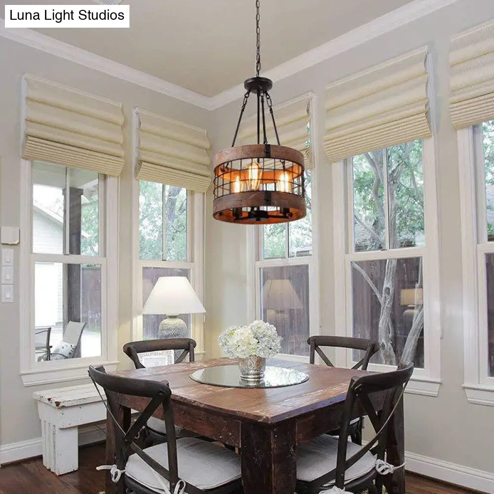 Rustic Metal Grid Cage Drum Chandelier: Brown Suspension Pendant Light For Dining Room