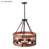 Rustic Metal Grid Cage Drum Chandelier: Brown Suspension Pendant Light For Dining Room