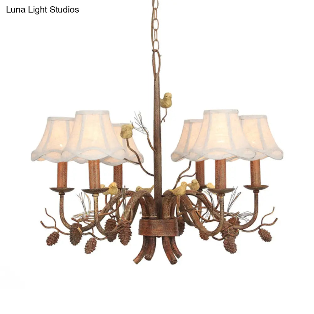Rustic Metal Pendant Chandelier - 6-Light Scalloped Design In White With Fabric Shade And Pinecone
