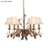 Rustic Metal Pendant Chandelier - 6-Light Scalloped Design In White With Fabric Shade And Pinecone