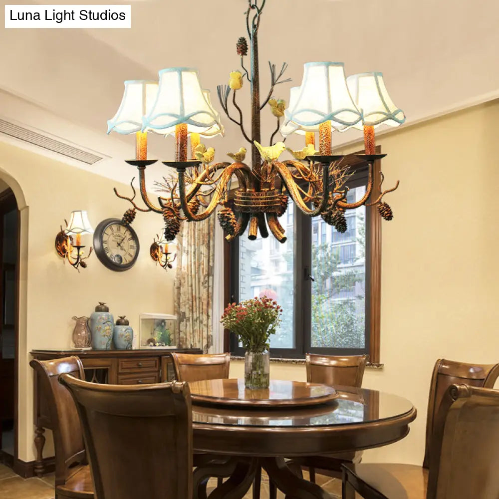 Rustic Metal Pendant Chandelier - 6-Light Scalloped Design In White With Fabric Shade And Pinecone