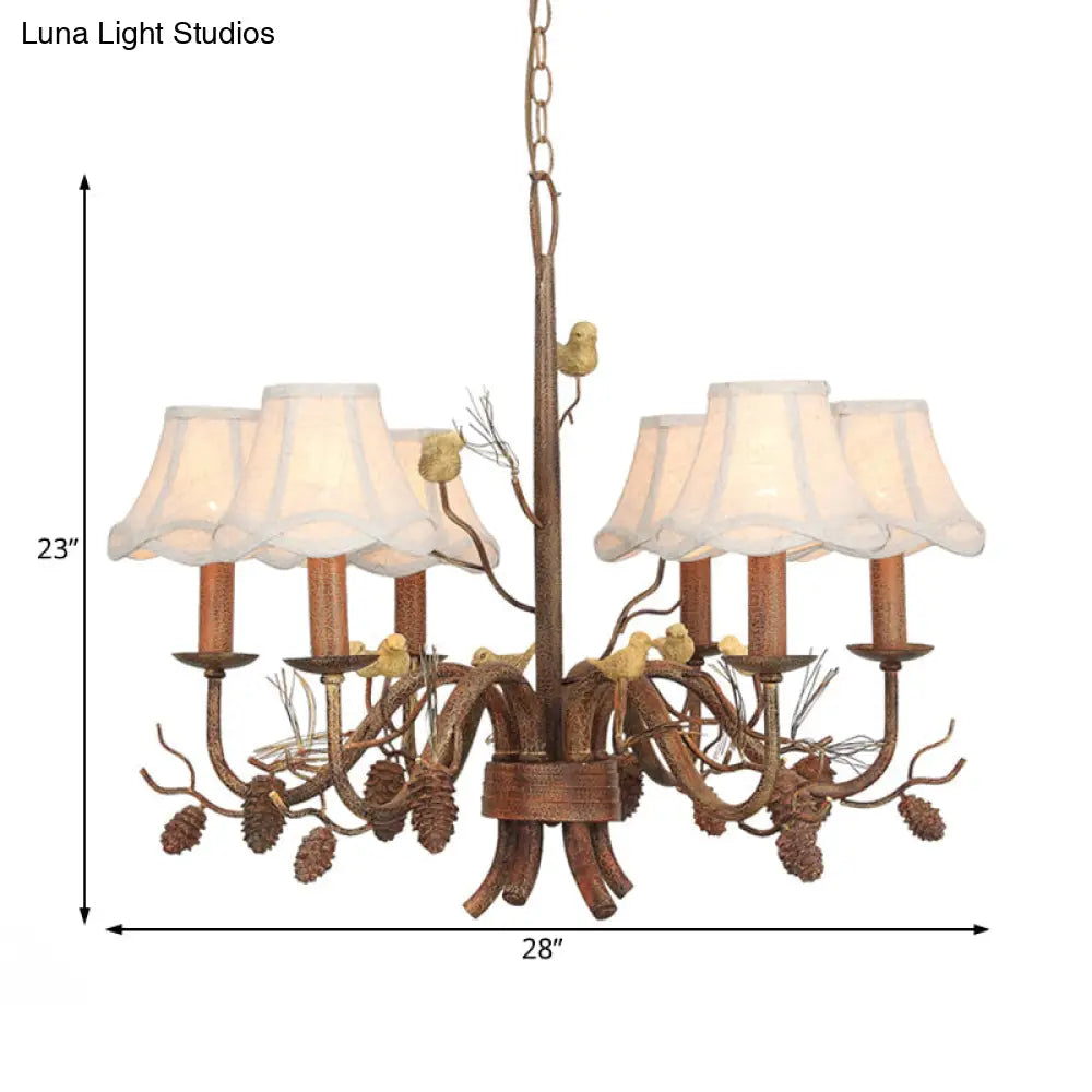 Rustic Metal Pendant Chandelier - 6-Light Scalloped Design In White With Fabric Shade And Pinecone