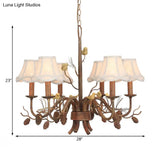 Rustic Metal Pendant Chandelier - 6-Light Scalloped Design In White With Fabric Shade And Pinecone