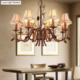 Rustic Metal Scalloped Pendant Chandelier - Brown 8 Lights With White Fabric Shade And Pinecone