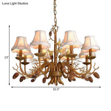 Rustic Metal Scalloped Pendant Chandelier - Brown 8 Lights With White Fabric Shade And Pinecone