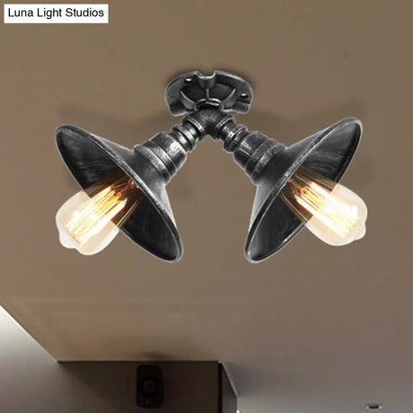 Rustic Metal Shade Pendant Light With Flare: 2-Bulb Ceiling Fixture In Aged Silver/Bronze Finish